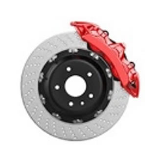 A red and black brake rotor on a white background.