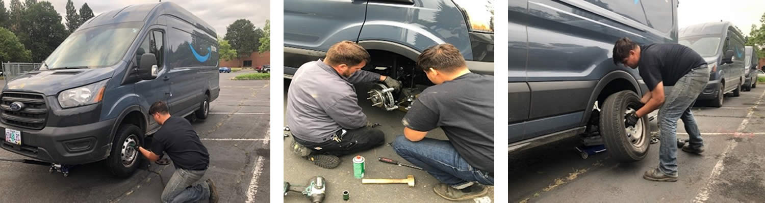Four pictures of men fixing a tire on a van.