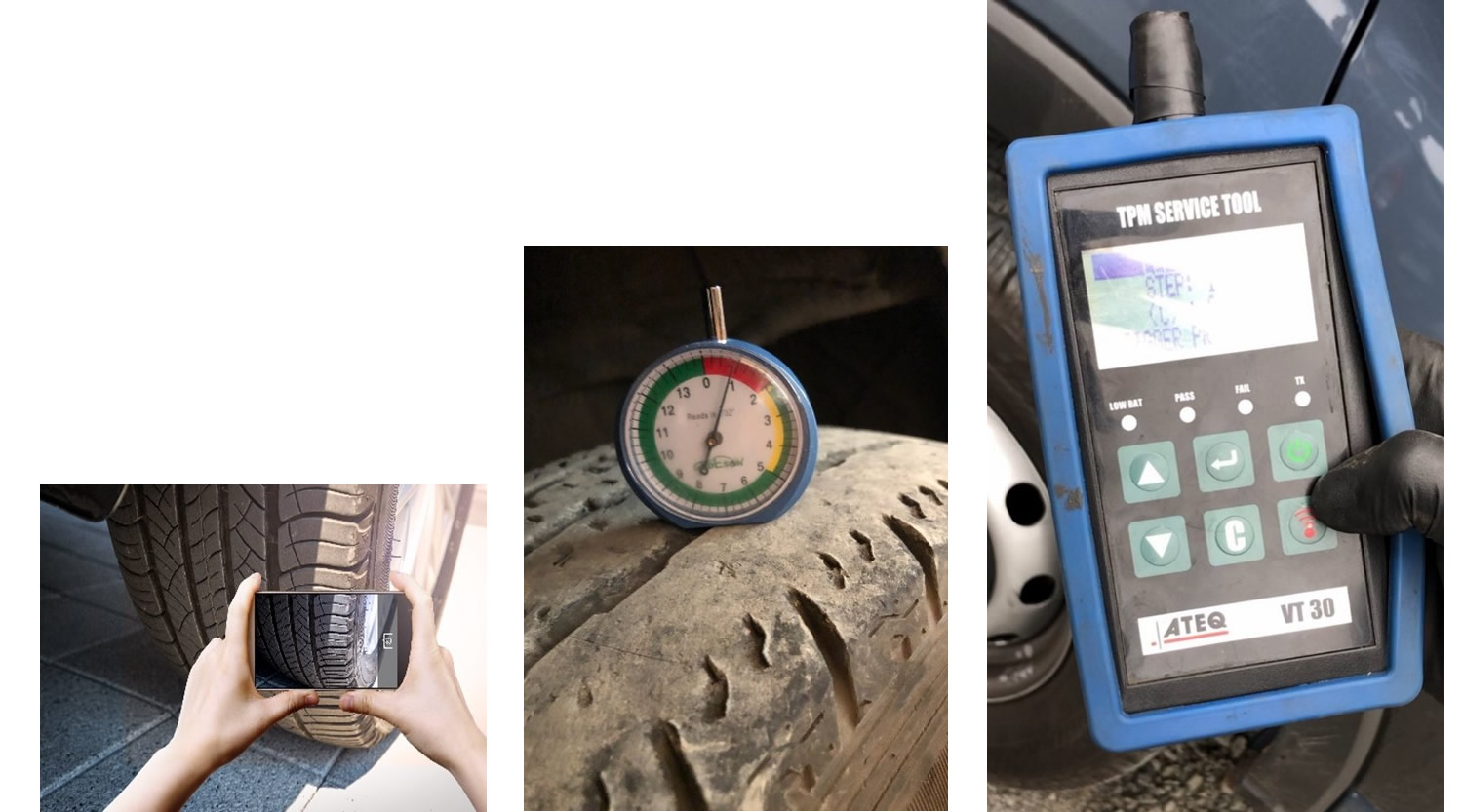 A picture of a tire gauge and a hand holding it.