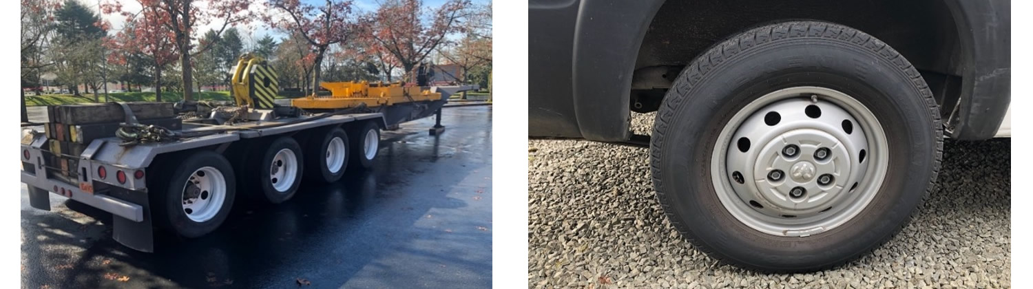 A picture of a truck with a flat tire and a picture of a truck with a flat tire.